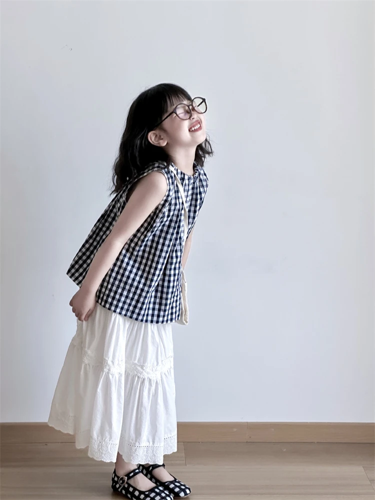 女童夏季森系2025新款格子无袖衬衫娃娃衫儿童洋气蕾丝半身裙套装