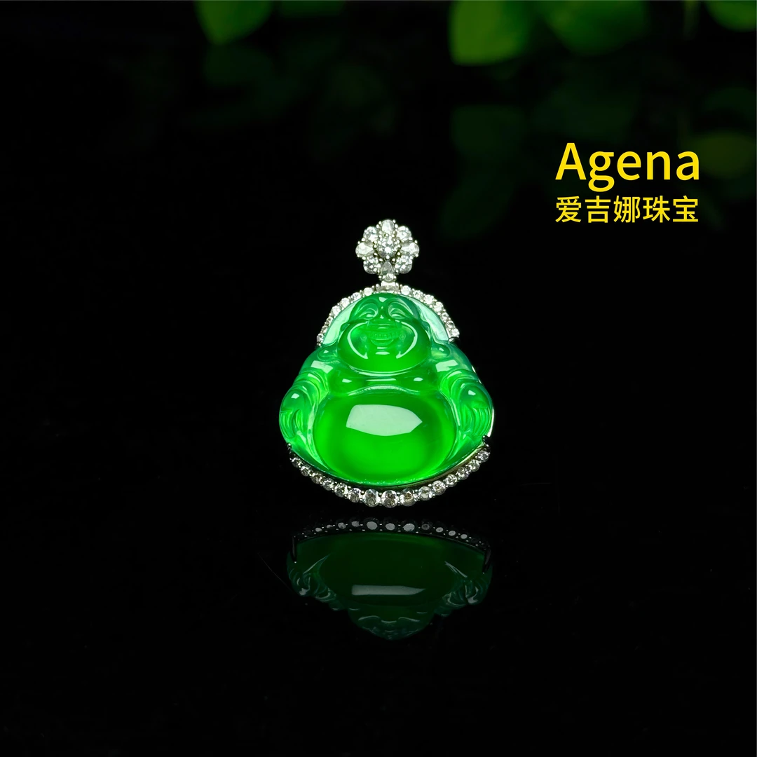 天然揭阳手工精雕s925镀白金国风玉髓佛公项链大号大肚满绿佛吊坠