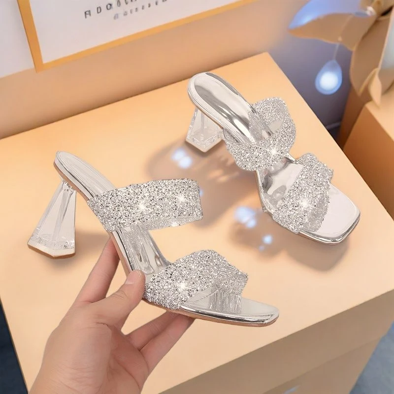 夏季仙女风一字带百搭凉鞋爆款时尚露趾水晶高跟鞋水钻凉拖女外穿