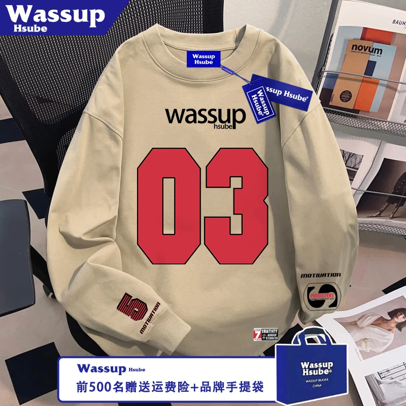 WASSUP HSUBE潮牌数字印花T恤秋季卡其色上衣100%纯棉男女款长袖