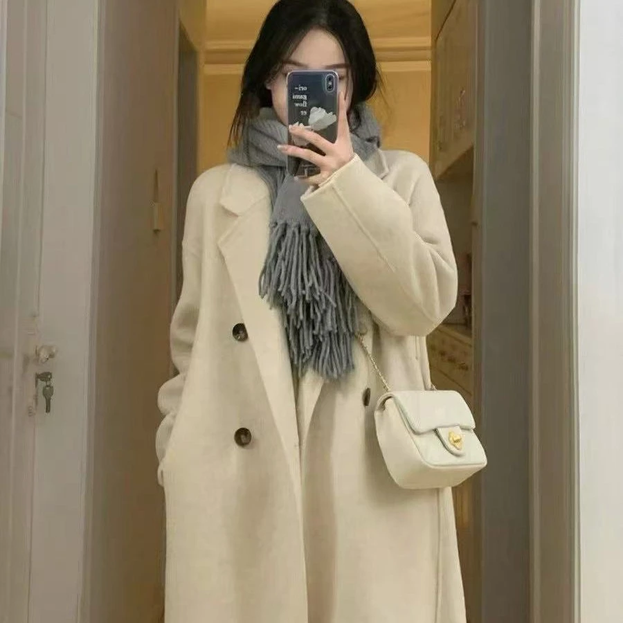 碳灰色韩版宽松中长款双面大衣女秋冬高级感毛呢外套