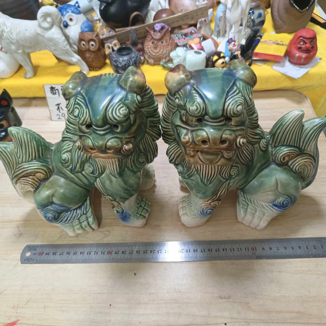 3号链接陶瓷绿色貔貅摆设狮子摆件一对高21厘米长18厘米左右