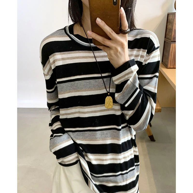 吕小布 | 慵懒廓形宽松遮肉 真丝羊毛撞色条纹长袖针织衫女0319