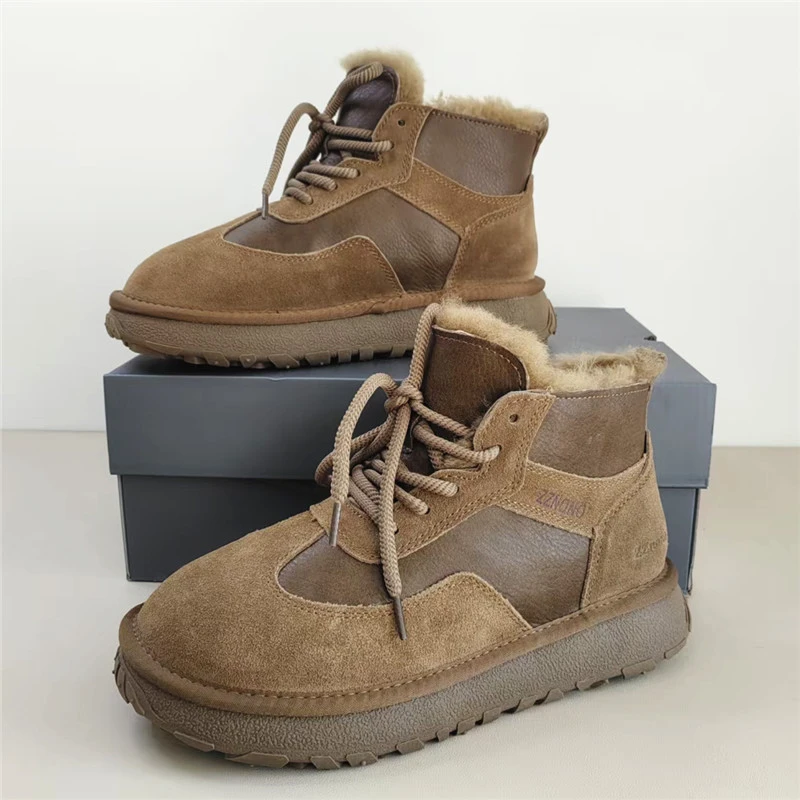 ZZ855牛皮内里全羊毛！男士雪地靴系带加厚保暖大棉鞋潮流马丁靴子