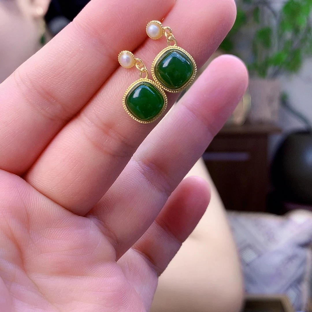 和田玉（碧玉）银S925镶嵌吊坠(不含链)耳钉