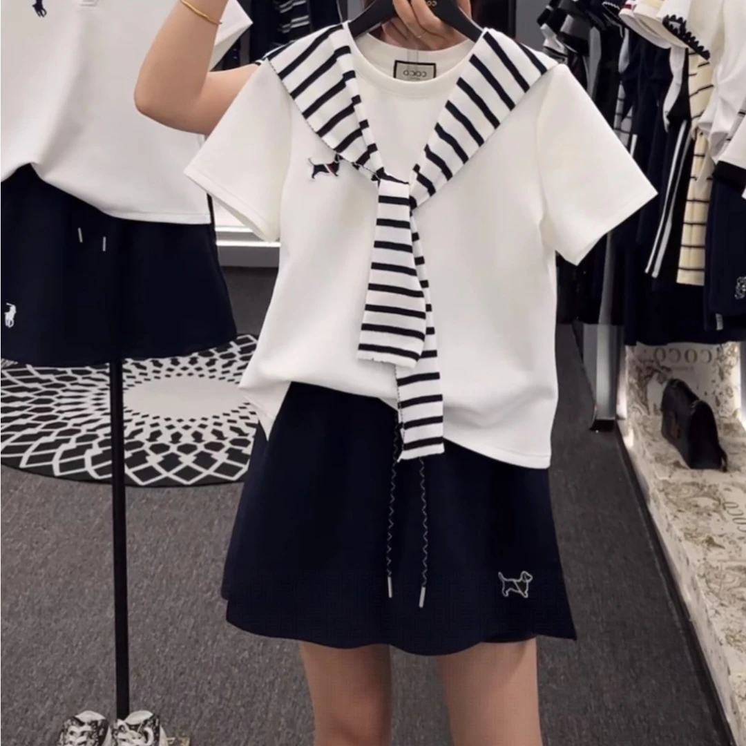 时尚高级设计感新款2025夏日拼接条纹披肩减龄显瘦气质百搭套装女