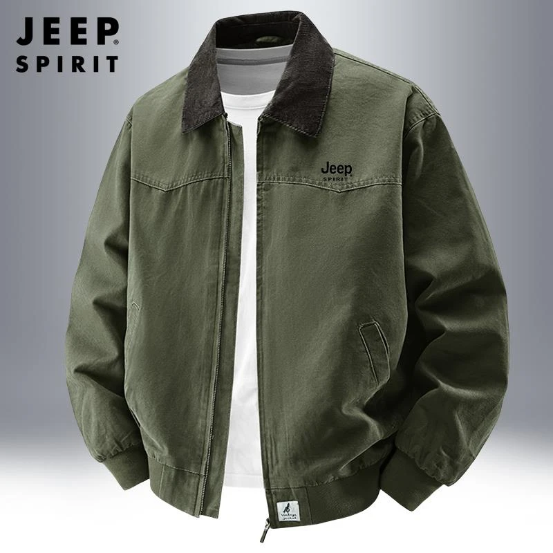 JEEP SPIRIT外套男士春季新款宽松中年爸爸纯棉水洗翻领休闲夹克