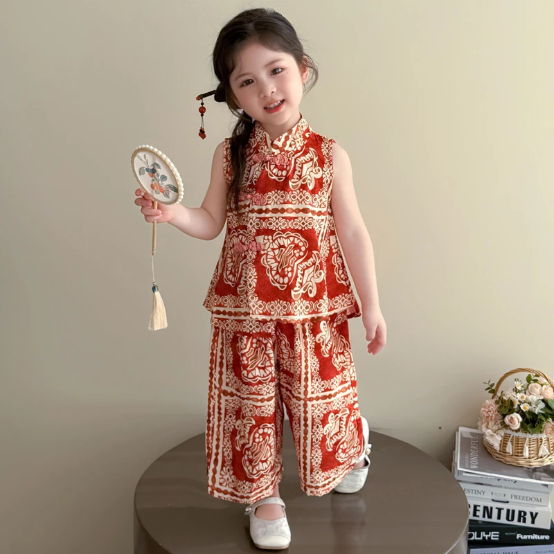 女童夏季新中式套装2025新款洋气儿童盘口阔腿裤网红宝宝两件套潮