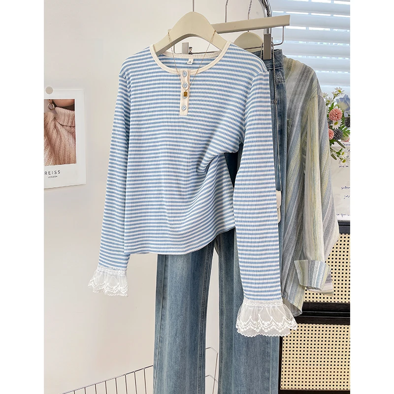 ins风经典条纹长袖T恤衫2025新款法式正肩蕾丝拼接显瘦女装上衣秋