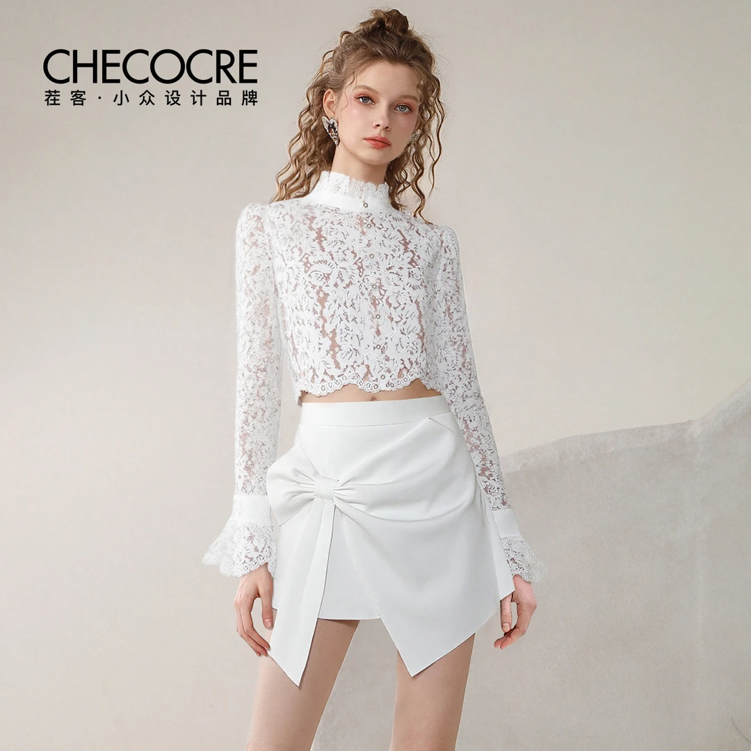 茬客【琉璃月】秋季新款荷叶领连衣裙白色新复古风套装CM51070AB