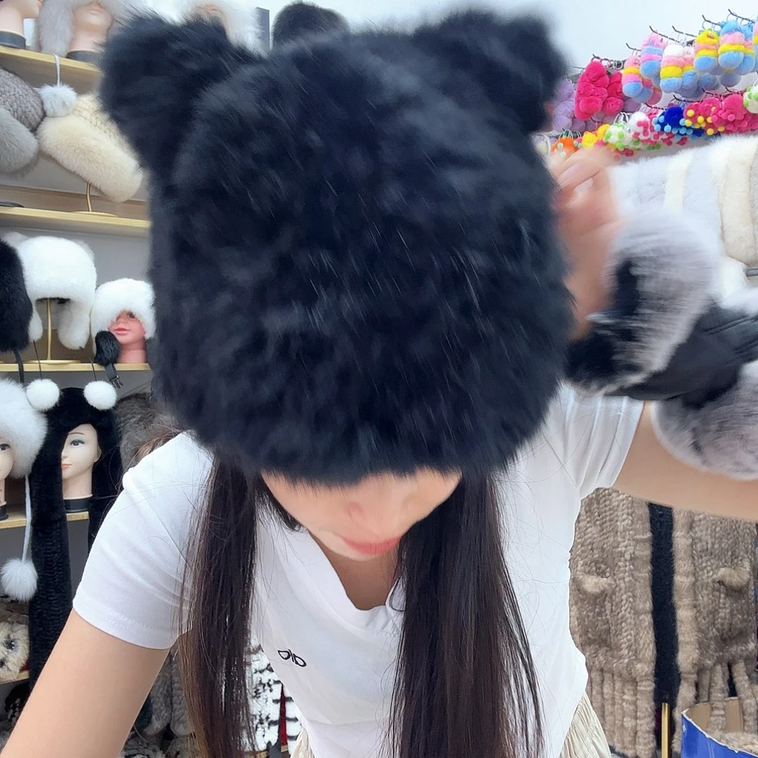 兔毛黑色兔毛猫耳朵帽