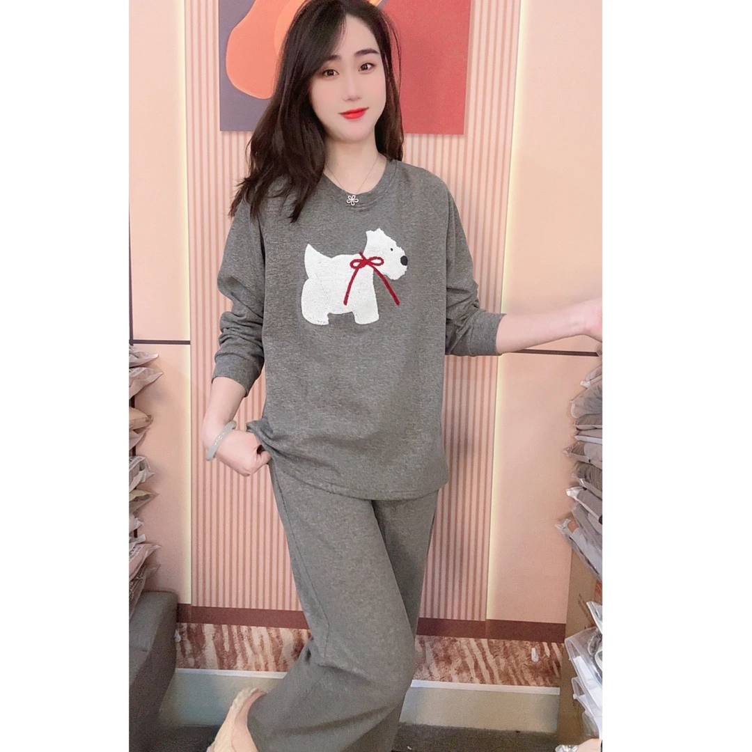 睡衣女冬季新款羊绒保暖舒适圆领休闲可外穿家居服套装（礼带小狗）