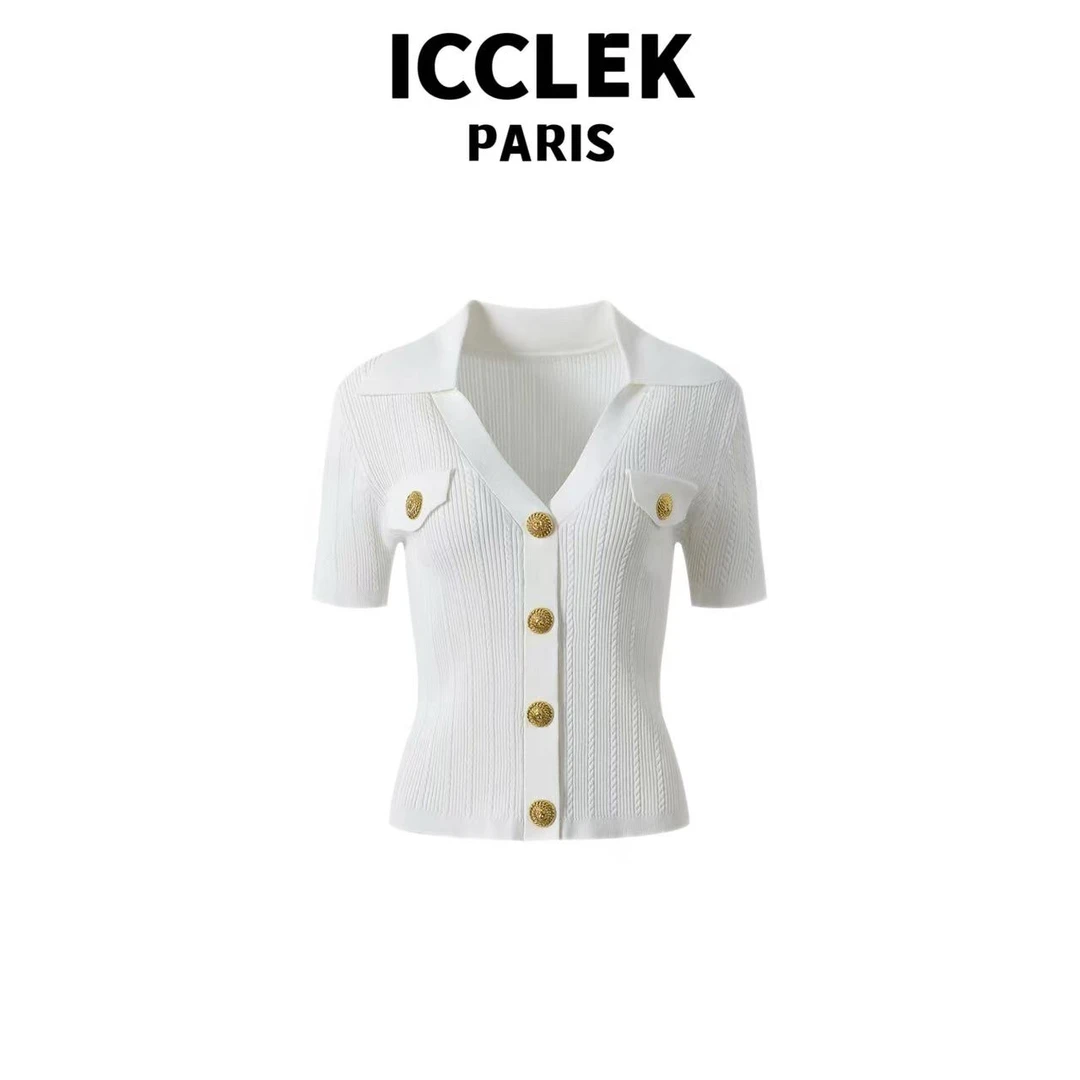 ICCLEK  白色开襟针织半袖短袖时尚女装夏季春夏减龄显瘦  -5778