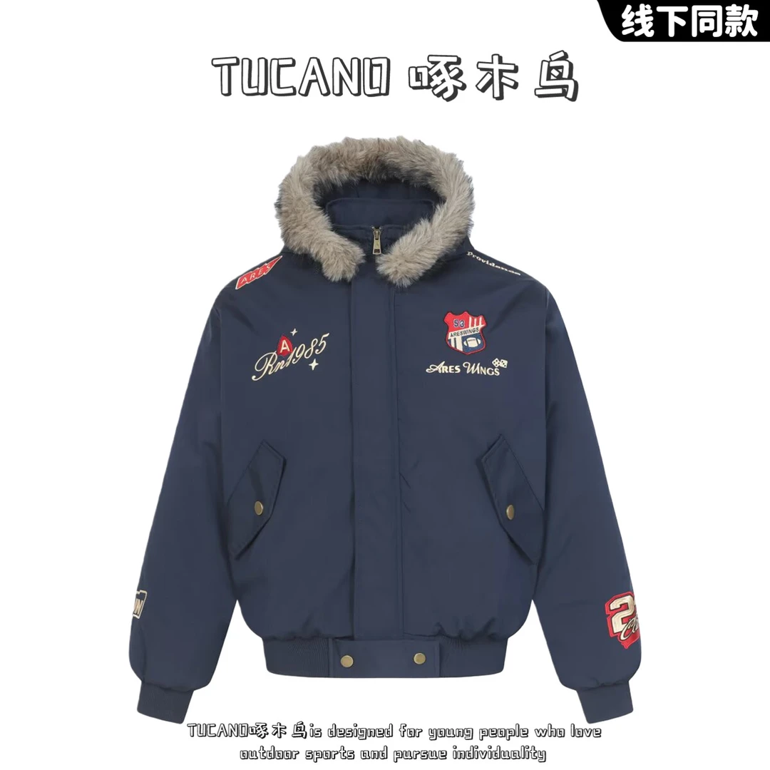 啄木鸟美式刺绣徽章毛领连帽棉服男女秋冬加厚保暖防寒百搭外套潮