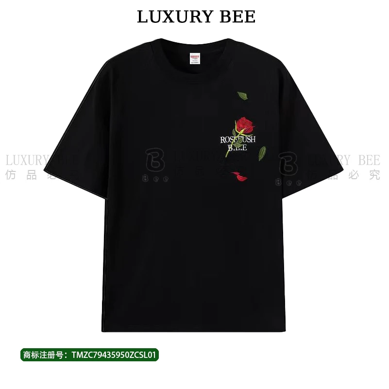 Luxury BEE刺绣玫瑰【浪漫家】重磅纯棉男女T恤短袖2024夏季新款