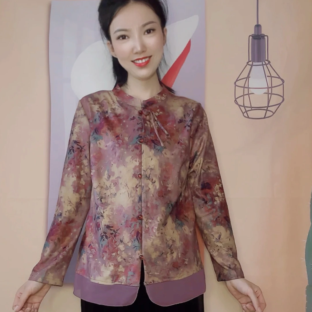 秋冬新款中式盘扣厚款碎花开衫中老年妈妈复古上衣打底衫