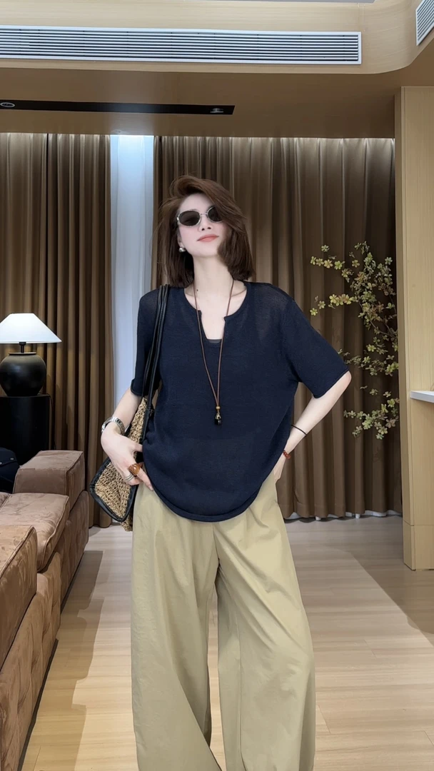 YYOUHAN 2025夏款小众设计极简风显瘦百搭和纸纱针织衫 2504C2073