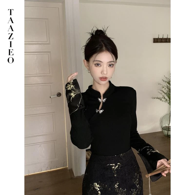 新中式国风黑色蝴蝶盘扣立领长袖t恤女春配马面裙内搭打底衫上衣