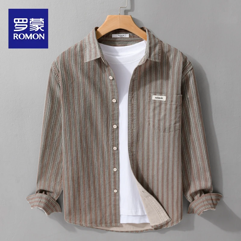 罗蒙纯棉条纹衬衫外套男2025春秋季款日系长袖衬衣潮牌高级感上衣