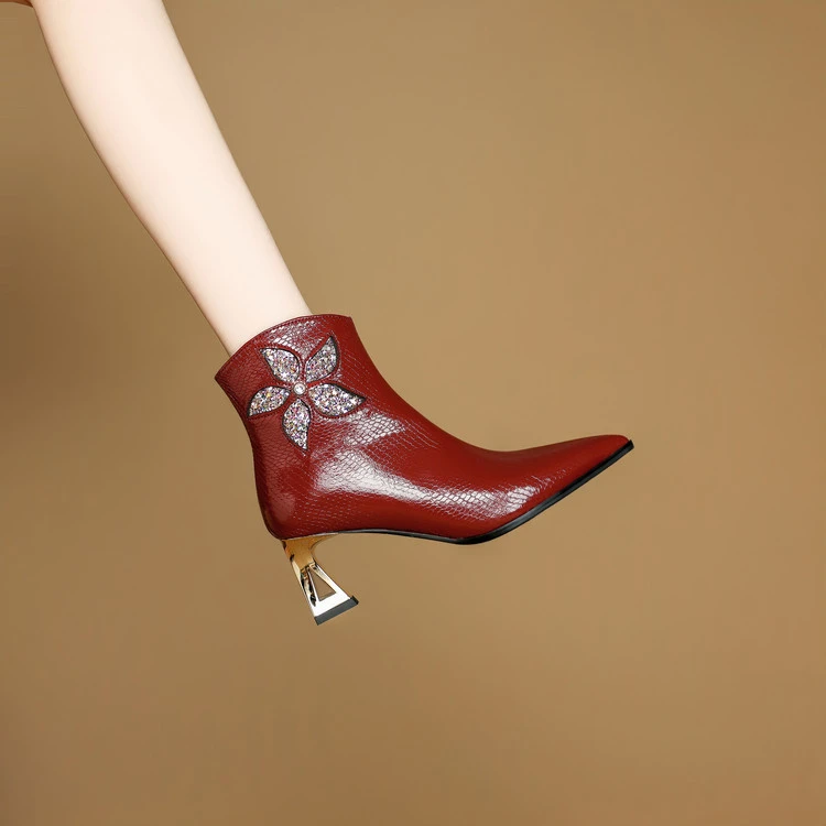 牛皮~6.5cm喜婆婆高跟婚宴礼鞋高端酒红色真皮短靴秋冬加绒保暖鞋