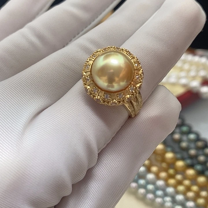 海水珍珠银S925镶嵌戒指南洋金珠戒指
