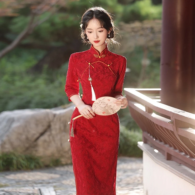 红色旗袍女新中式改良日常订婚性感回娘家长袖连衣裙2024新款秋冬