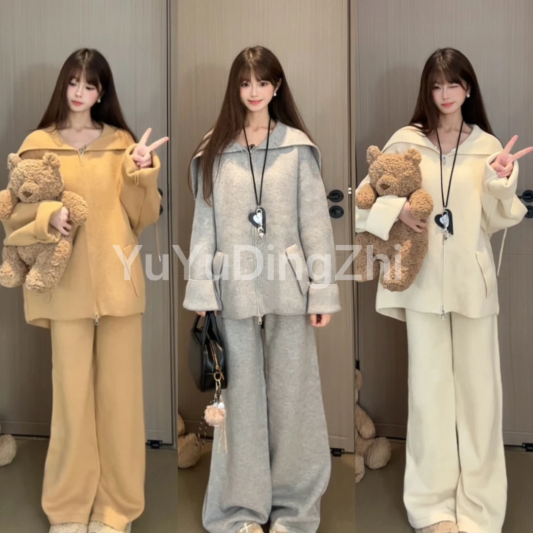 【清货+运费险】韩版披肩海军领慵懒风针织开衫阔腿裤一整套穿搭