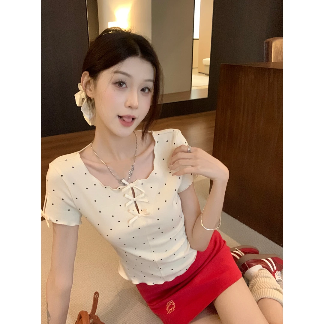 美式2025夏季新款韩版圆领镂空蝴蝶结减龄波点设计感短袖T恤上衣