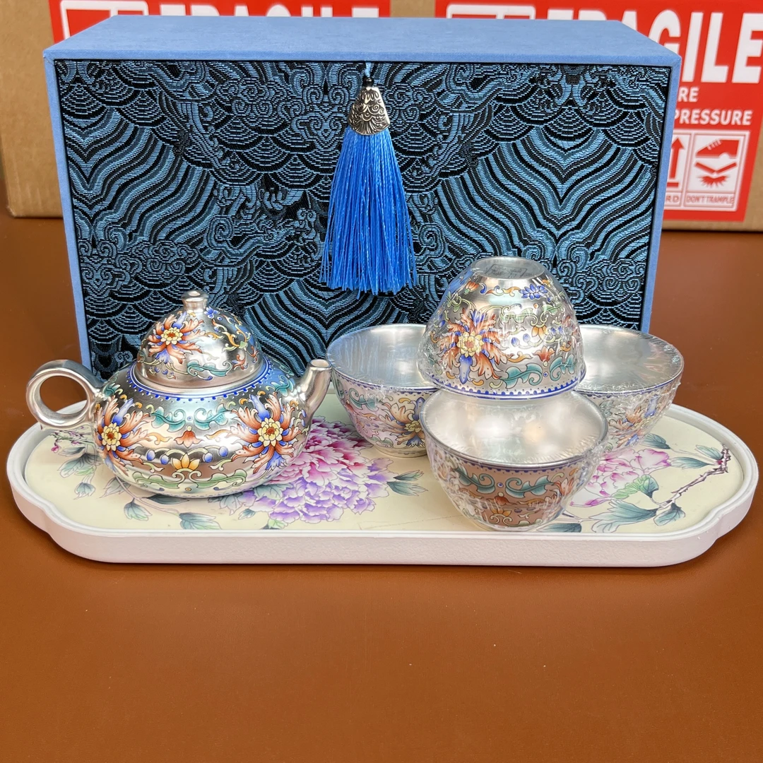 Z3153-鎏银宝相斗彩扁腹壶+四杯（珐琅彩）流苏礼盒装+盘茶具家用