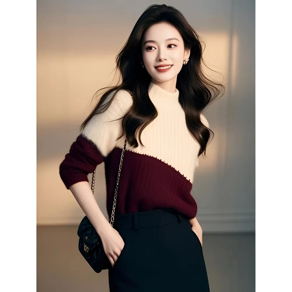 超好看加厚拼接针织衫毛衣女秋冬新款轻熟气质半高领打底上衣