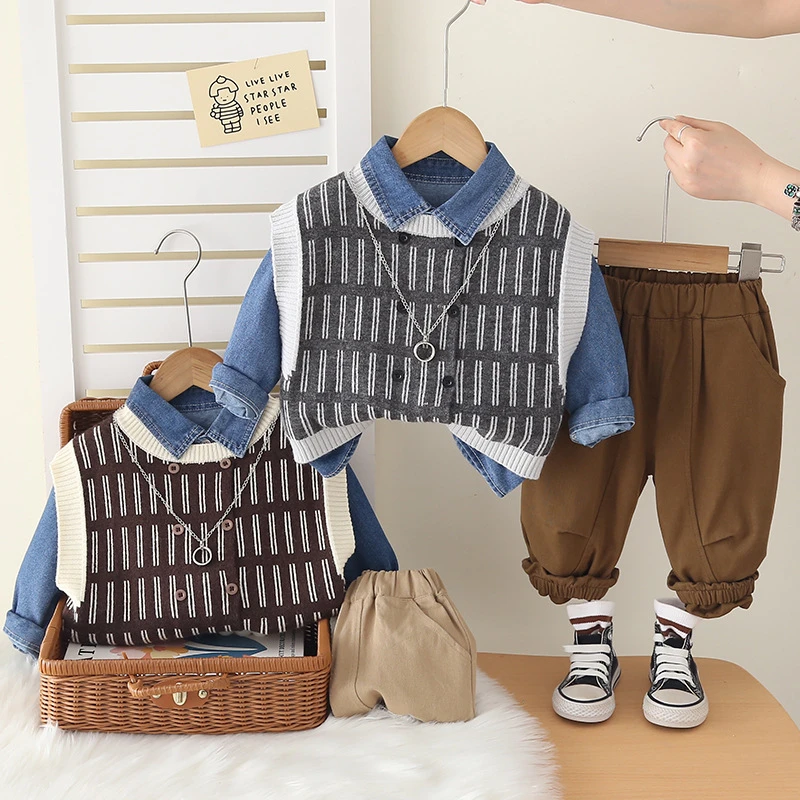 男童春秋季韩版三件套1-2-3岁儿童洋气竖条毛衣马甲宝宝牛仔衬衫