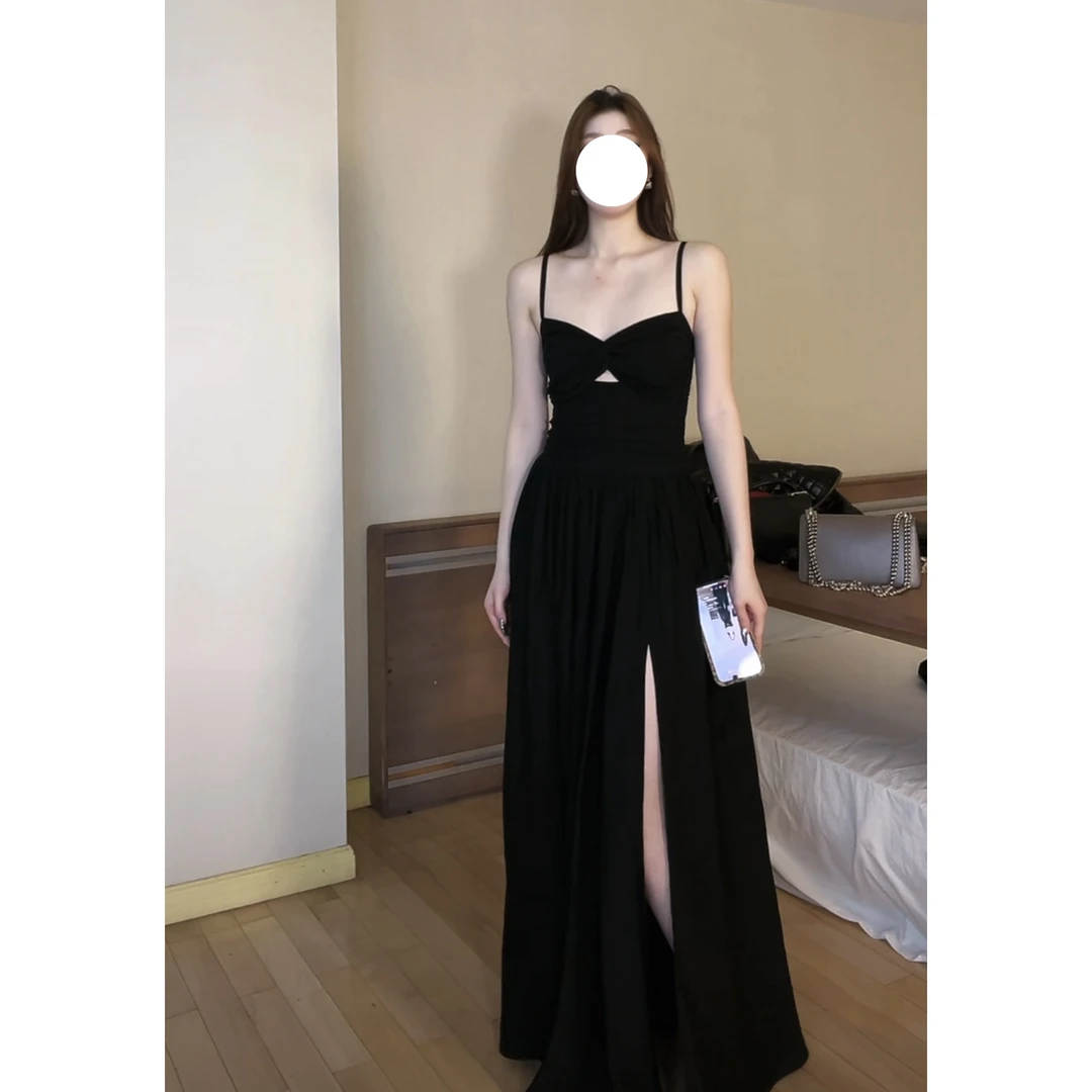 千亿夏日西梅紫色三亚度假穿搭抹胸吊带长裙新款夏开叉带胸垫