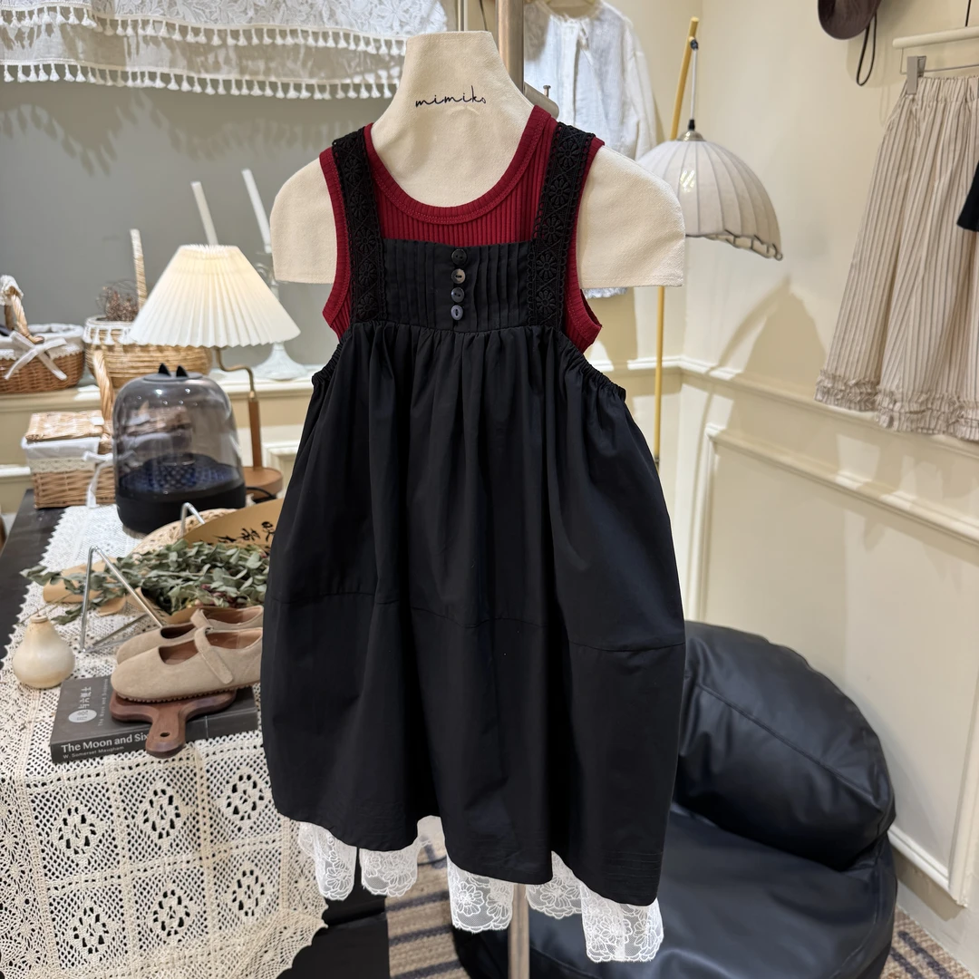 【玛丽日记】薄款少女风夏季女韩版套装黑色拼接童装裙子吊带裙