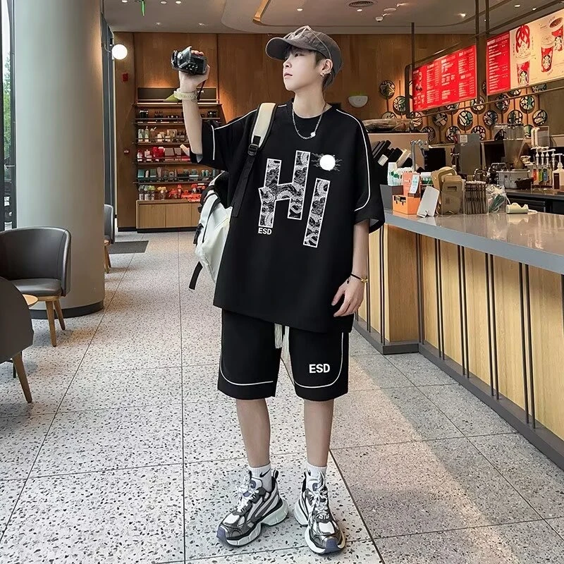 夏季青少年短袖运动套装男两件套加肥加大码学生休闲潮牌帅气一套