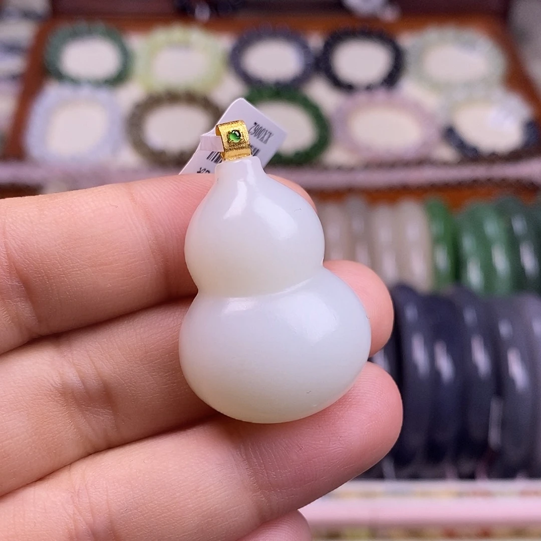 颈饰未镶嵌和田玉新疆羊脂老矿料白玉金镶葫芦吊坠