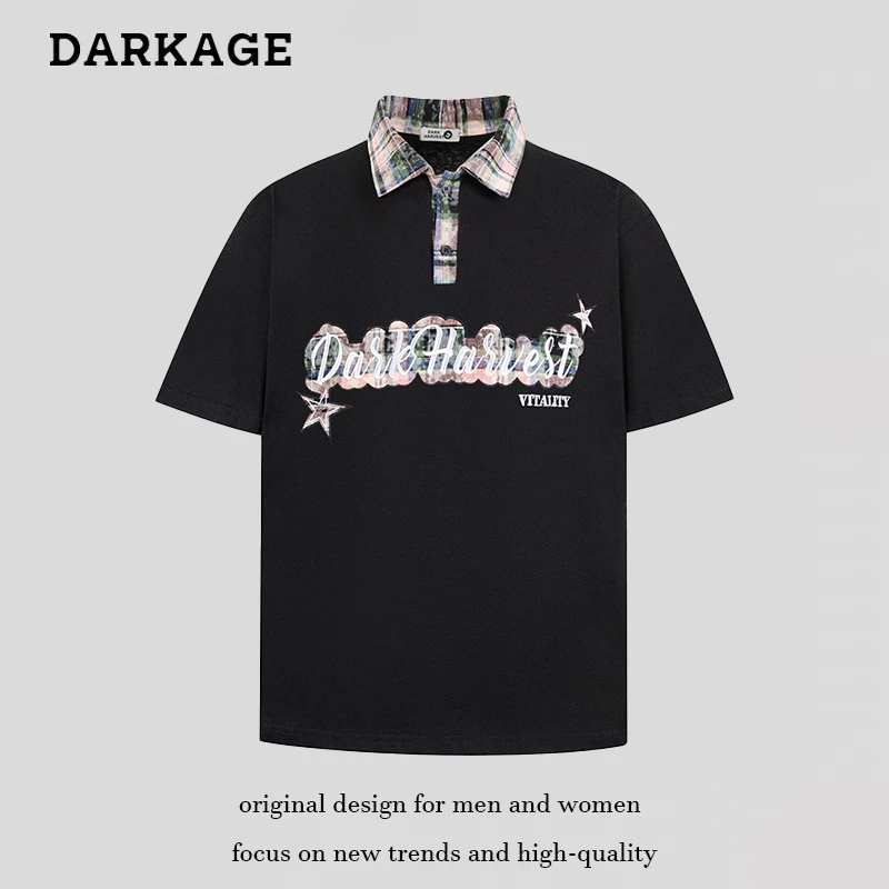 2025新款美式刺绣贴布复古拼接POLO衫学院风翻领拼接男女短袖T恤