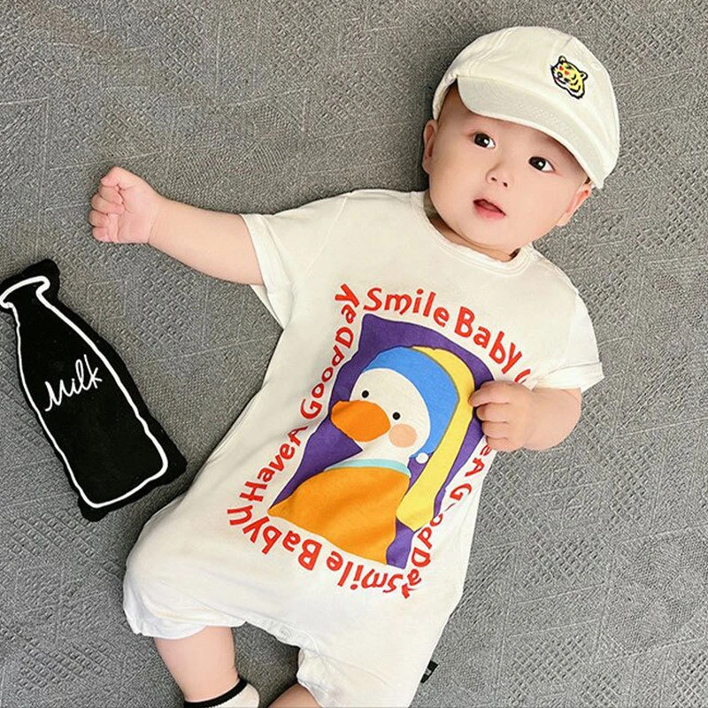 宝宝夏季薄款夏装哈衣爬服时尚卡通鸭纯棉短袖幼儿可爱连体衣婴儿