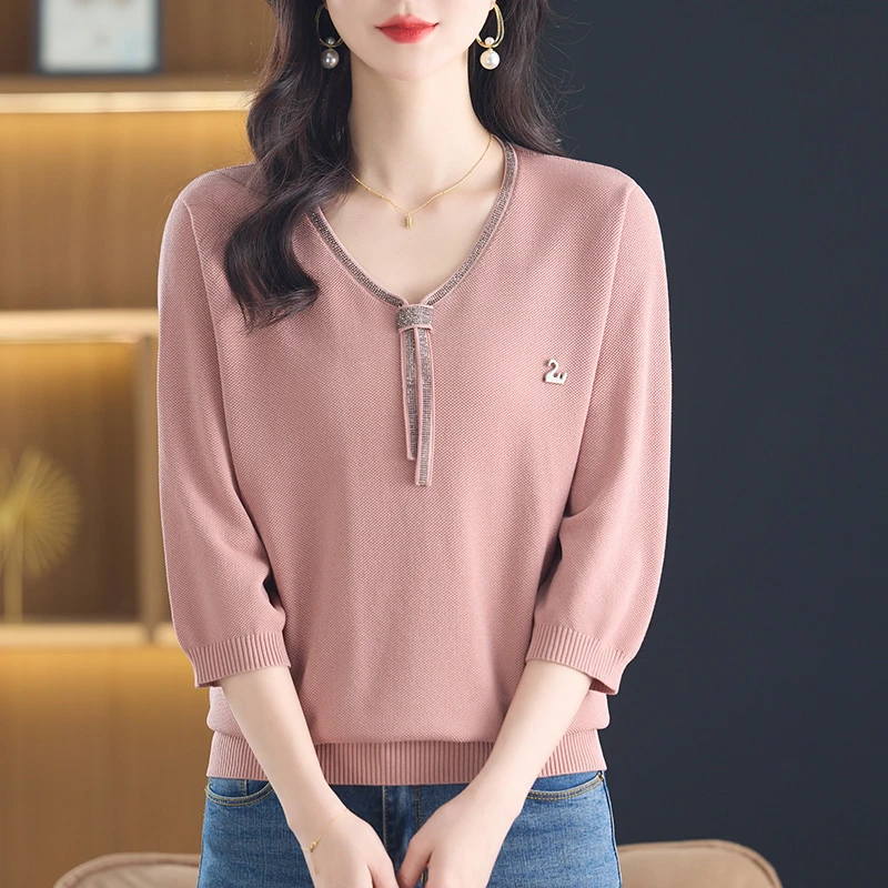 胖妈妈大码女装中袖t恤女七分袖上衣春夏显瘦针织体恤宽松遮肚子