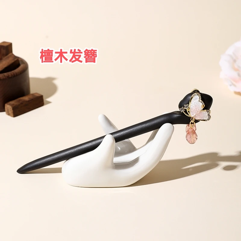檀木实木发簪简约日常双面蝴蝶木制发簪发饰盘发簪