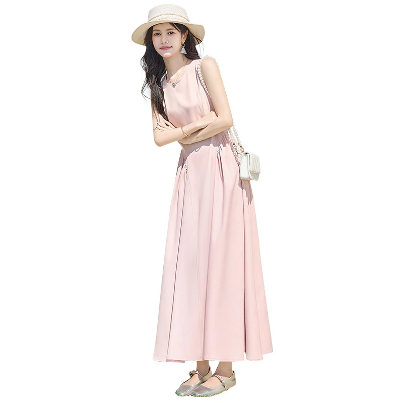 丝柏舍2025夏季新款女装时尚收腰纯色无袖圆领连衣裙S52B2005L