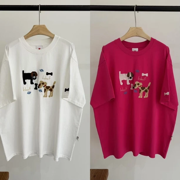 【两只狗狗】皇冠夏季新款刺绣卡通宽松中长款大版短袖T恤上衣女