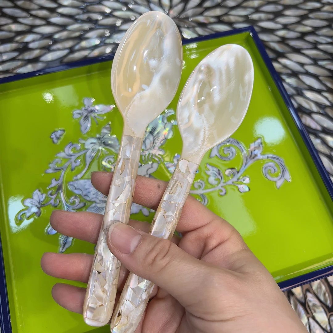 KA-||【浅色】东南亚手工天然贝壳碎花小勺餐勺咖啡勺2只一对