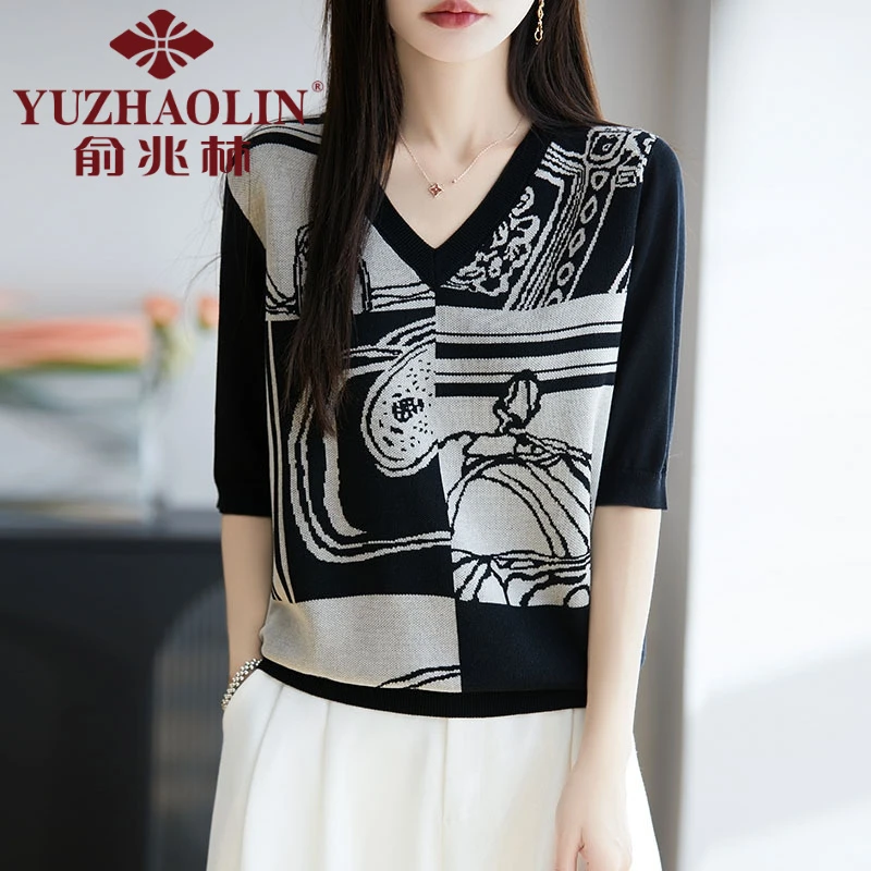 俞兆林夏季莱赛尔针织短袖t恤女2025年新款时尚V领撞色提花薄款仿