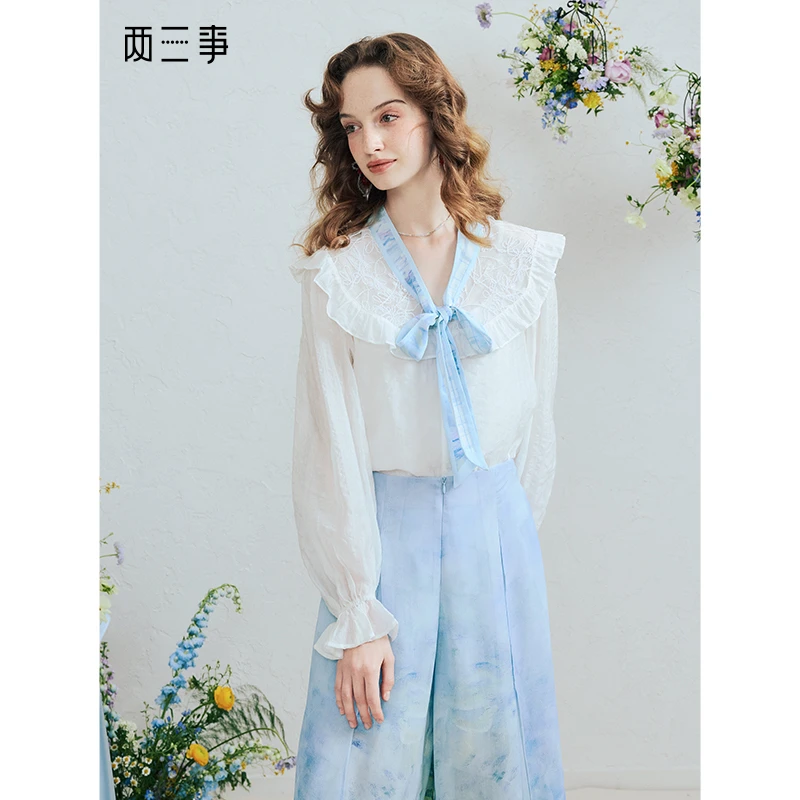 两三事仙灵圣约夏温柔风蕾丝拼接印花绑带两件套雪纺衫