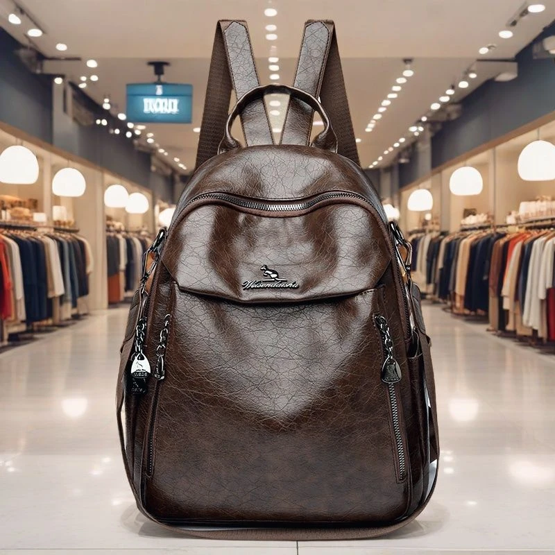 复古质感软皮双肩包女2025新款休闲多功能旅行背包大容量通勤书包