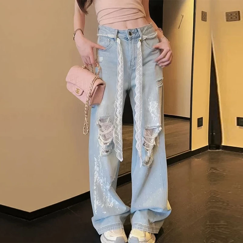 喜绚韩版破洞蕾丝2025年春夏新款直筒牛仔裤女设计阔腿宽松阔腿裤