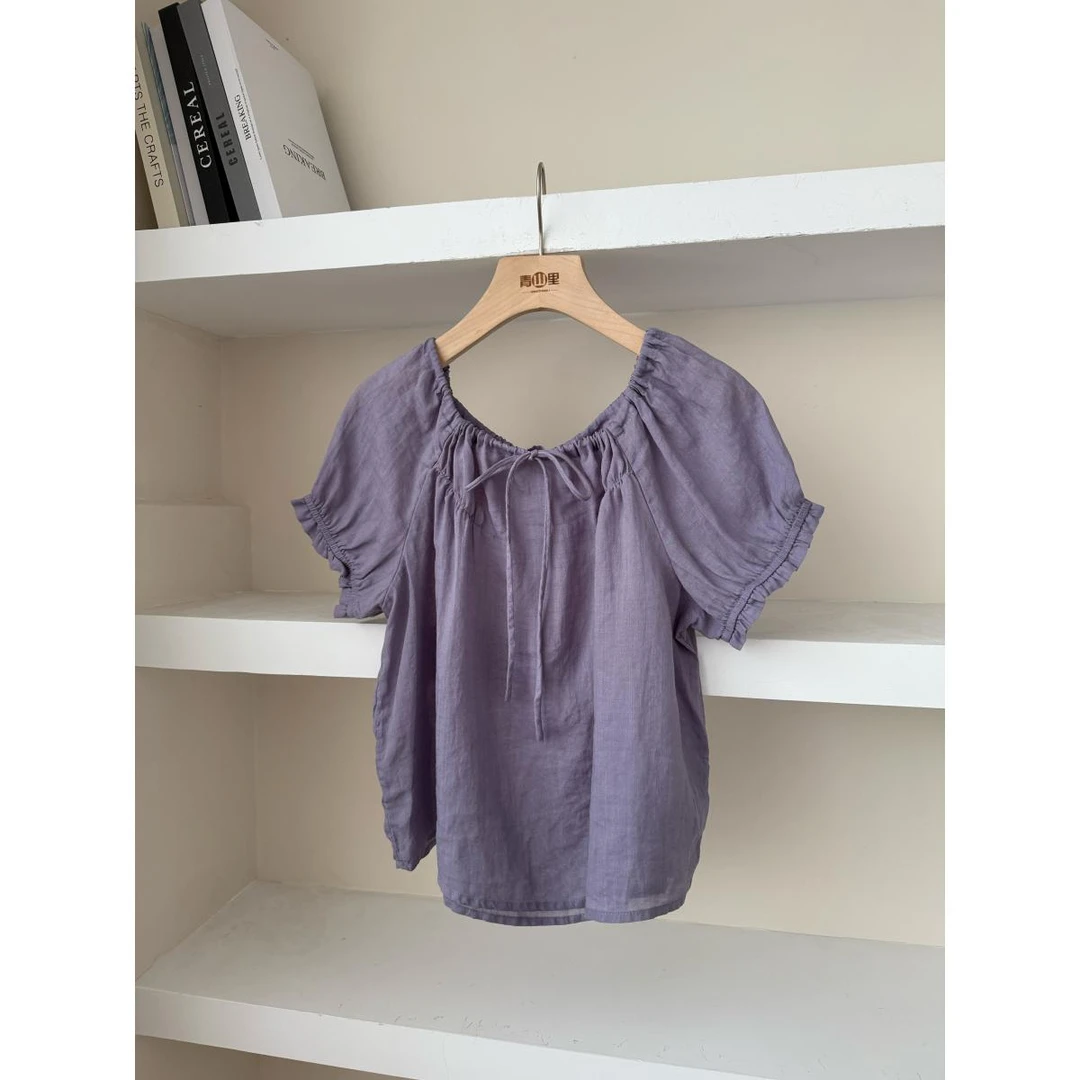P0347-“苎麻系列”夏抽绳木耳边甜美百搭宽松短袖韩系苎麻小衫上衣