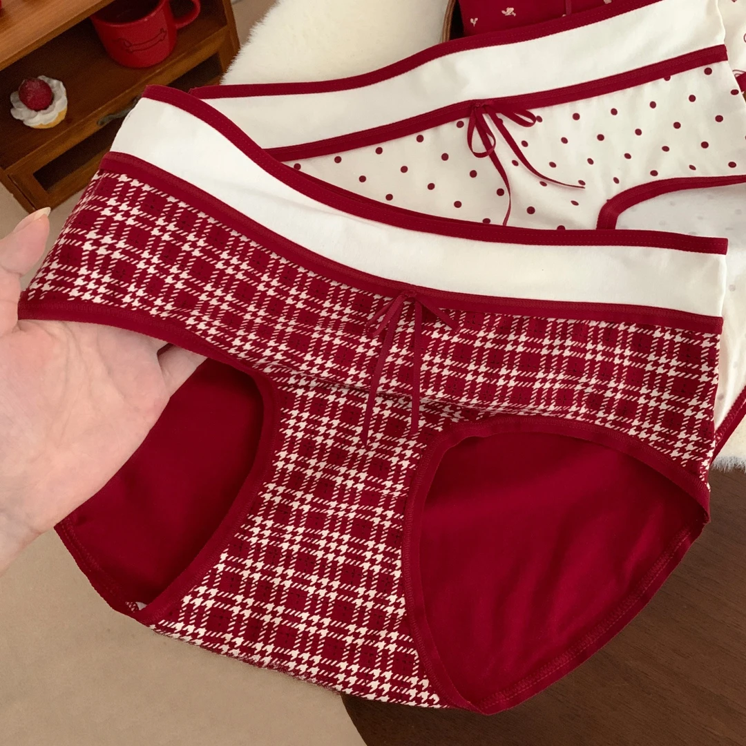 格纳百福~纯棉A类加长复古红色本命年裆内裤少女款高弹三角裤
