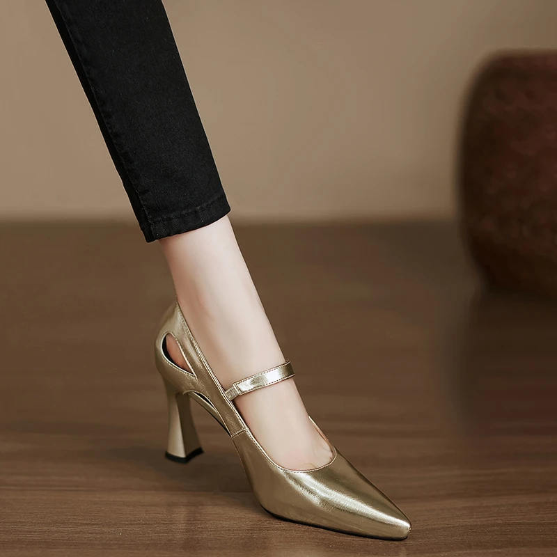 小个子手工女鞋8cm~气质高跟鞋金色尖头浅口单鞋镂空法式玛丽珍鞋