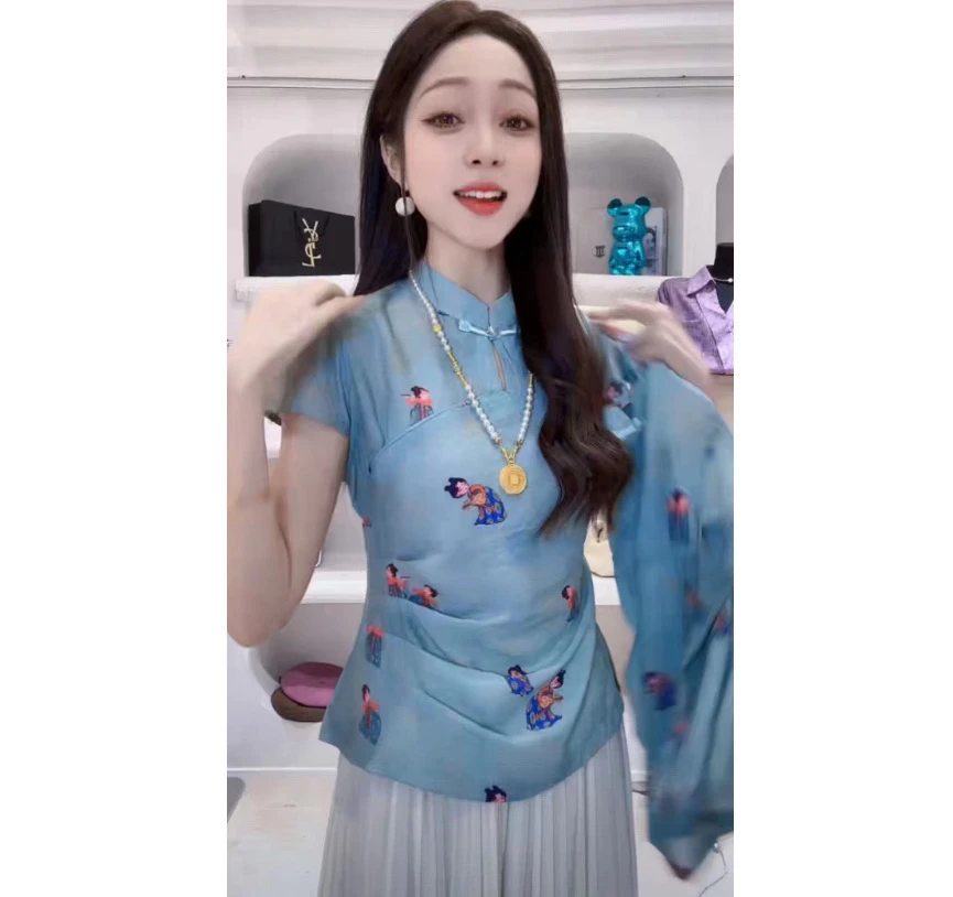 国风收腰立领小飞袖新中式短袖夏季新款复古民族风时尚上衣